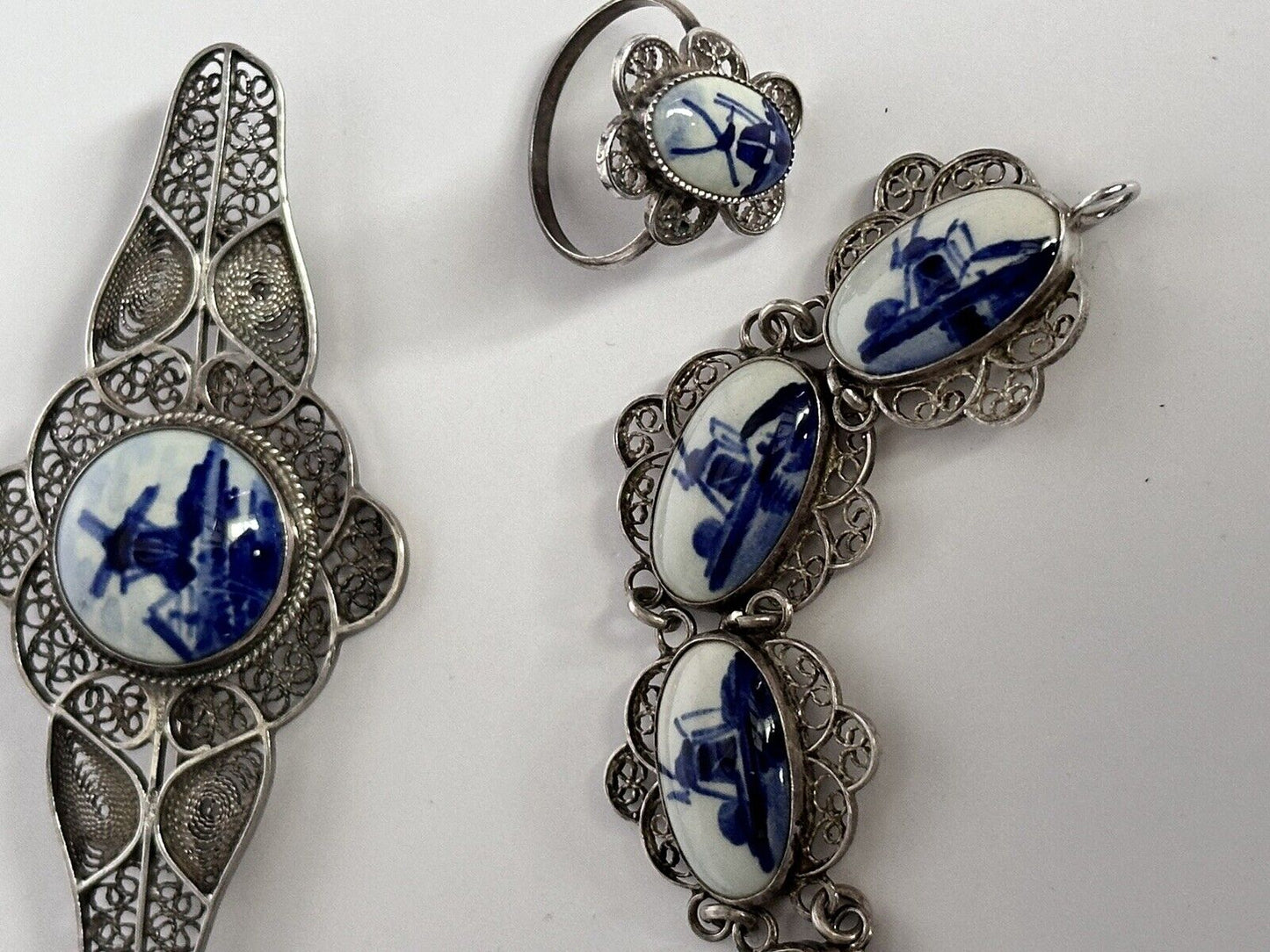 Vintage Dutch Silver 835 Filigree Delft Bracelet Ring Necklace Earring Set