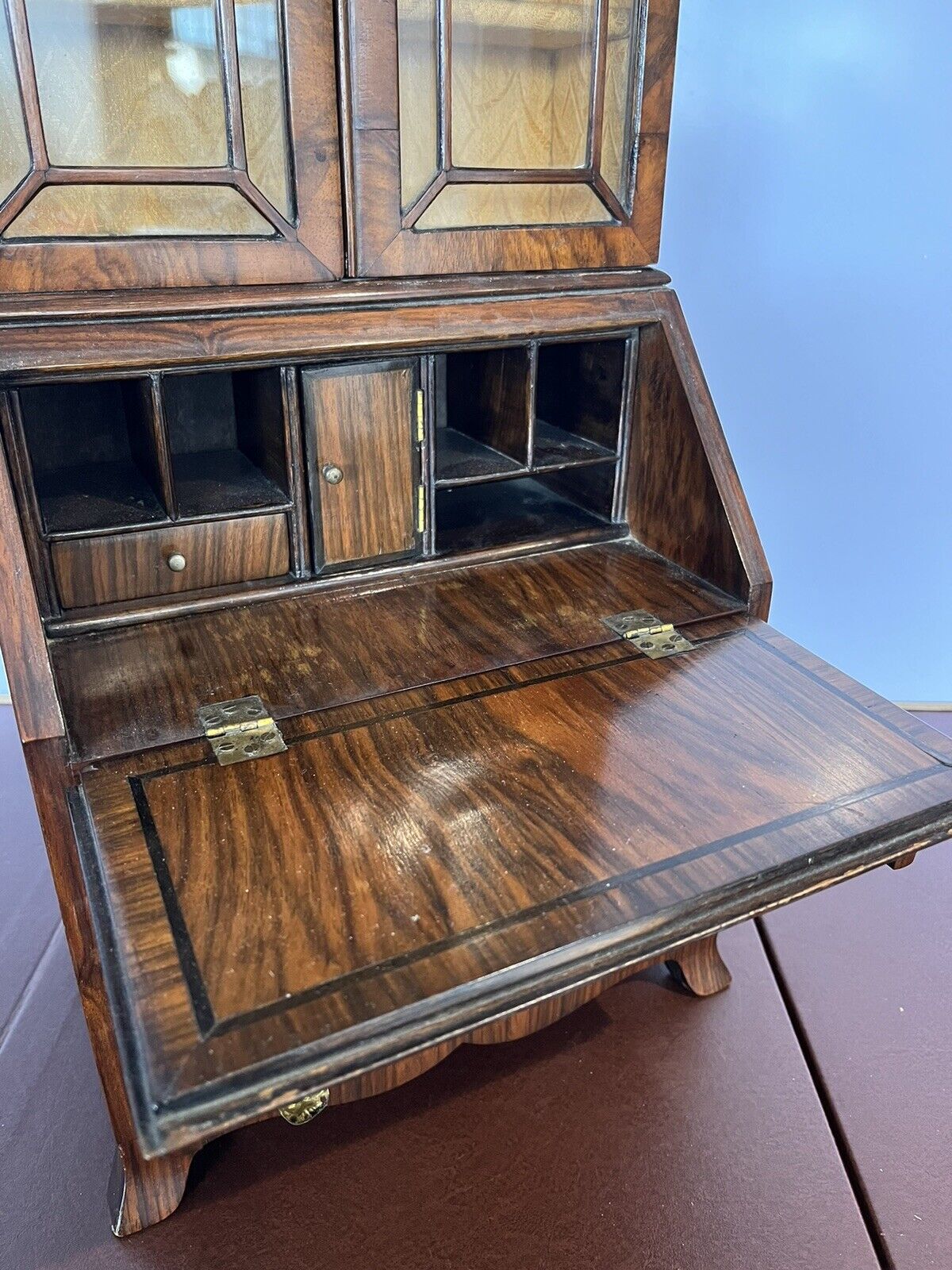 Miniature Apprentice Piece Walnut Bookcase Bureau, Fitted Interior.