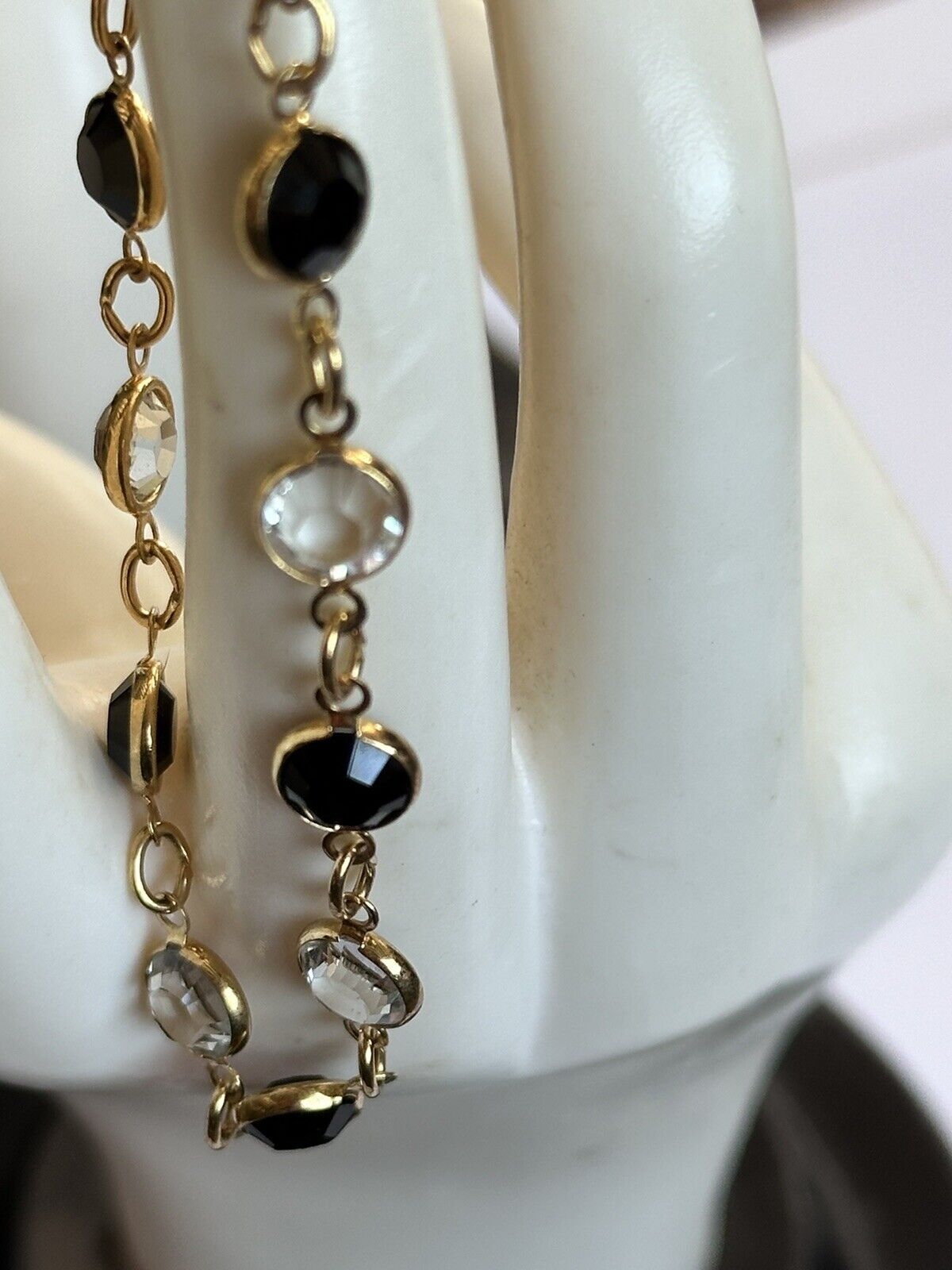 Vintage Gold Tone Bezel Set Black Clear Crystal Bracelet