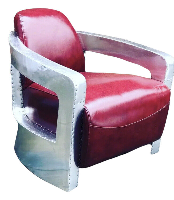 Aviators Armchair, Aluminium With Red Leather Upholstery.