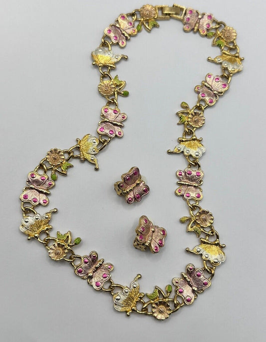 Vintage Gold Tone Pink Enamel Butterfly Flowers Necklace And Clip On Earring Set