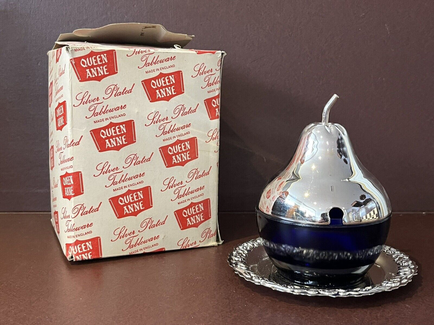 Silver Plate Honey Pot In The Shape Of A Pear, 1950's With Original Box