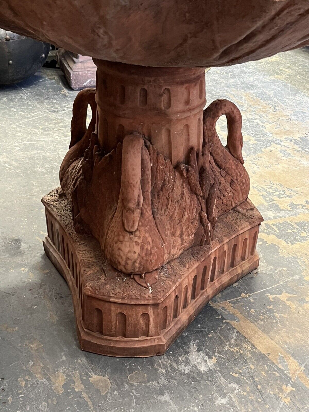 LARGE Terracotta Garden Fountain, On A Swan Base, Oyster Shell With A Boy & Carp