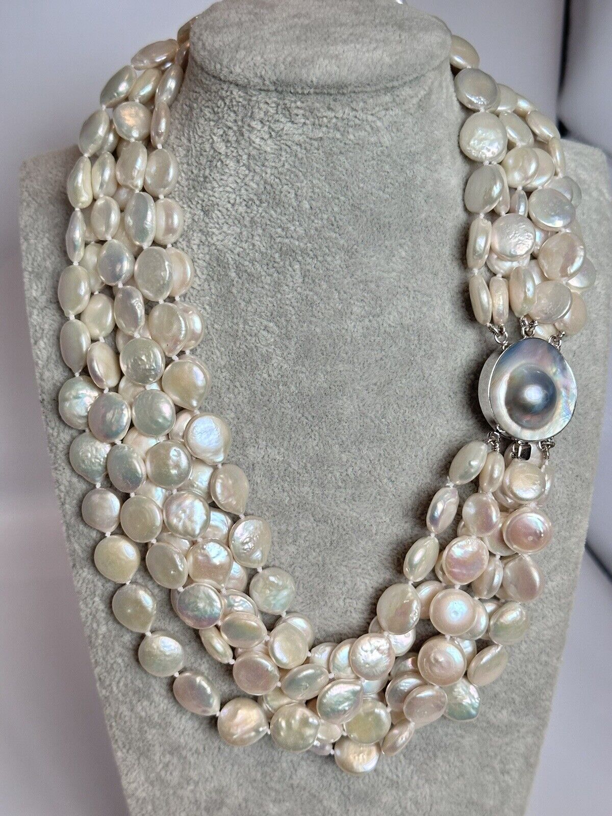 Statement Multistrand Button Pearl Sterling Silver Clasp Necklace Bracelet Set