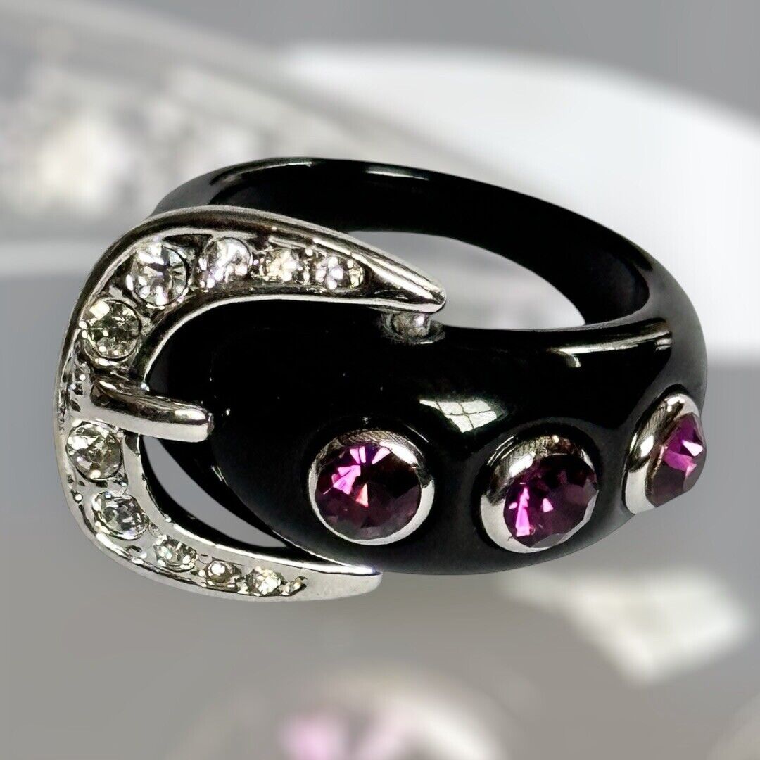 Vintage Black Band Purple Stone Buckle Ring