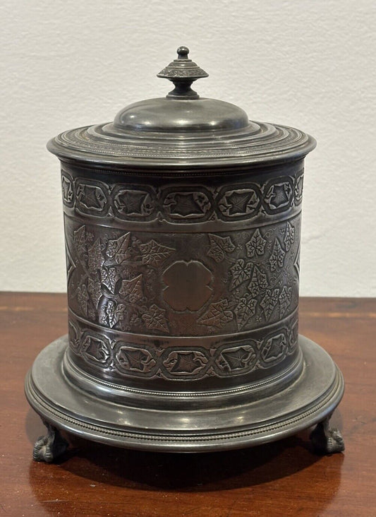 Victorian English Pewter Biscuit Barrel. Large In Size.