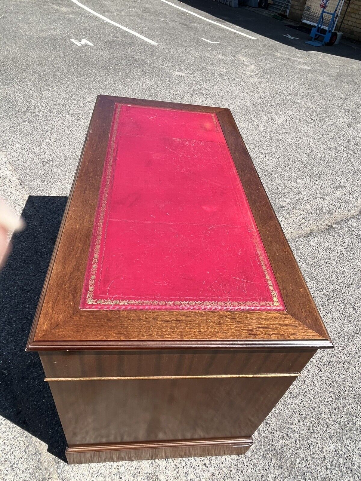 Pedestal Desk With Red Leather Top. Splits In 3 Pieces For Easier Transportation