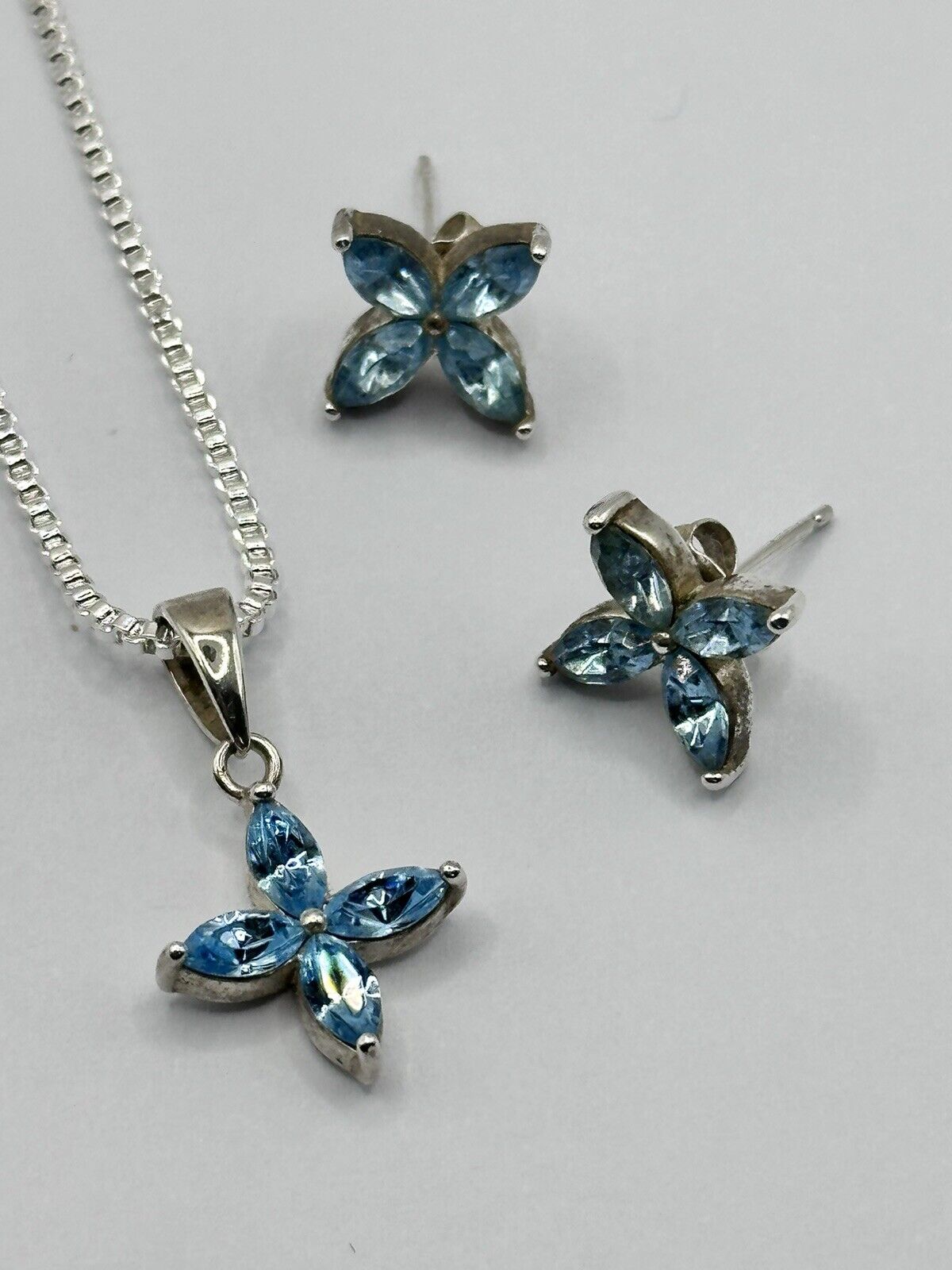 Vintage Sterling Silver 925 Blue Topaz Flowers Earrings And Necklace Set