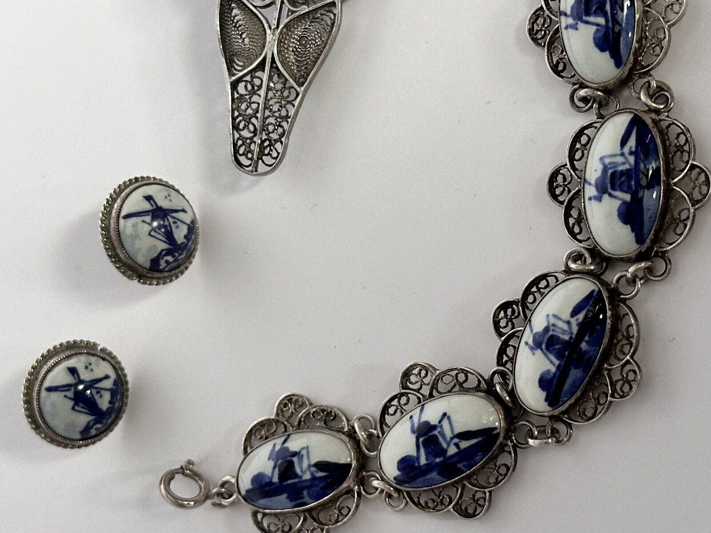 Vintage Dutch Silver 835 Filigree Delft Bracelet Ring Necklace Earring Set