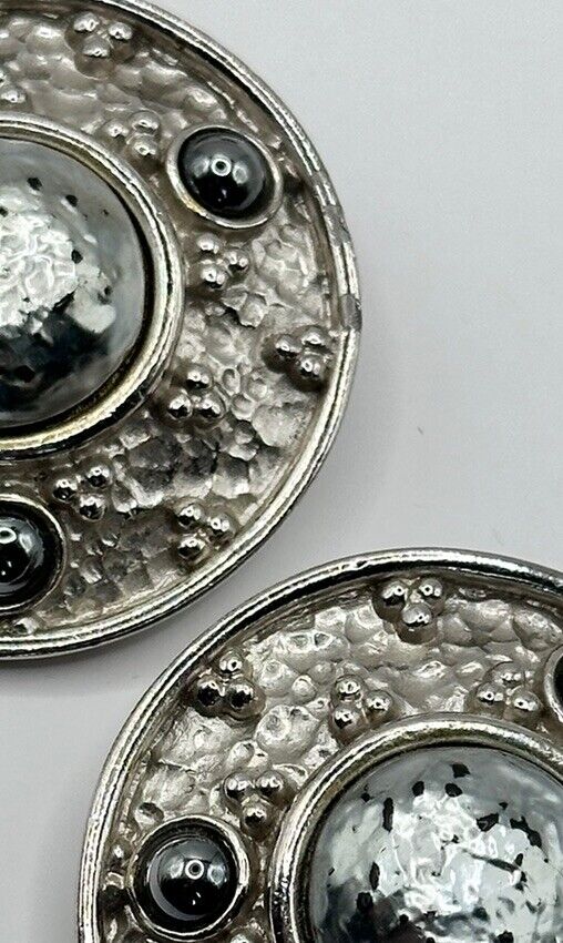 Vintage Silver Tone Etruscan Disk Clip On Earrings