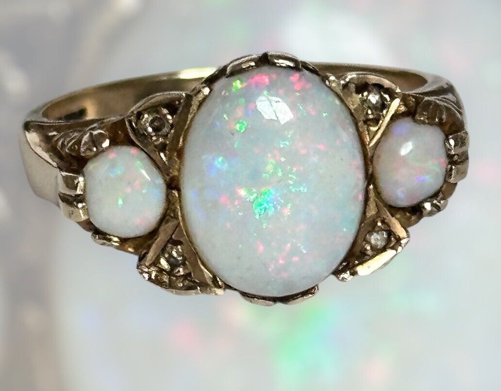 Vintage 9ct Yellow Gold Statement Opal Diamond Ring