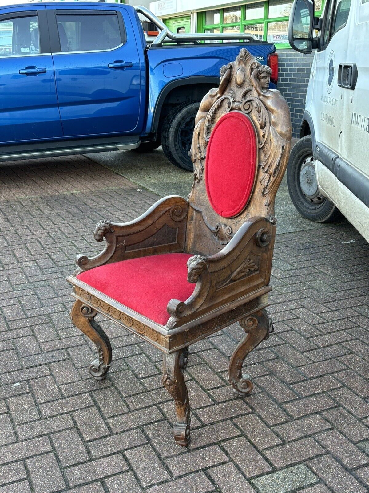 Antique Walnut Country House Library Armchair. Carved Mythical Figures.