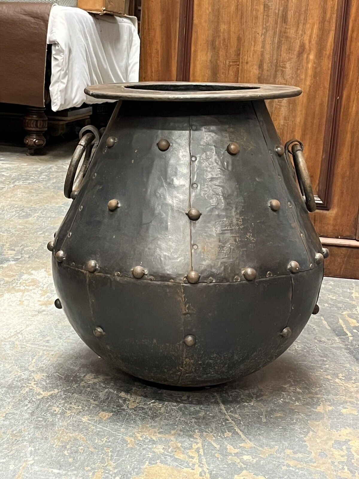 Huge Cauldron Shaped Metal Planter. Country House Style