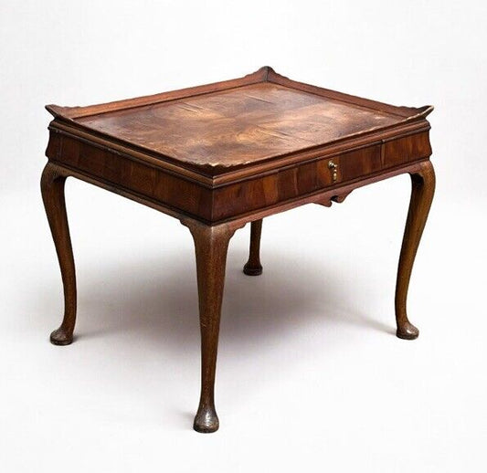 Antique Burr Walnut Tray Top Side Table With Drawer. Pad Feet, Brass Handle.