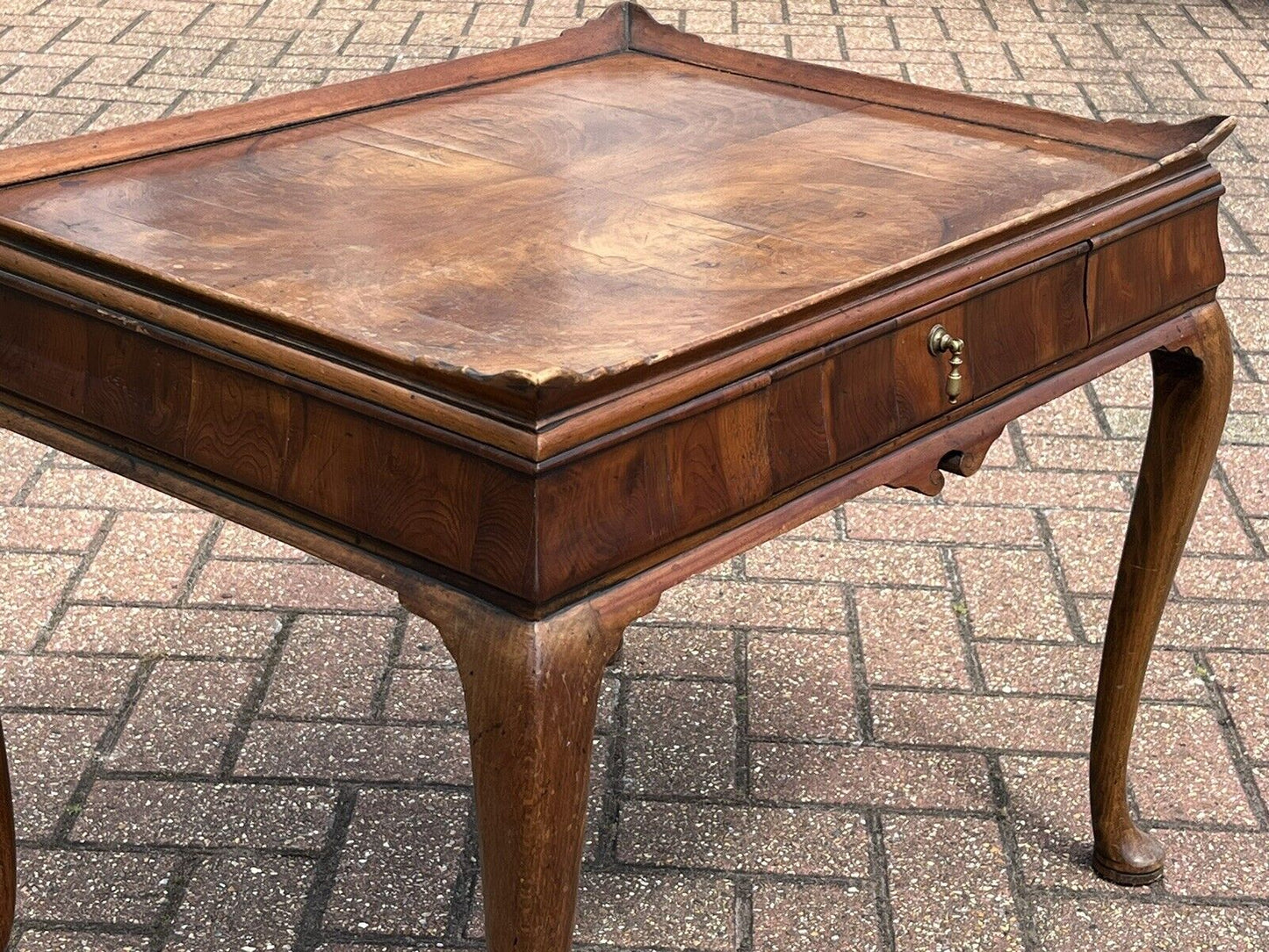 Antique Burr Walnut Tray Top Side Table With Drawer. Pad Feet, Brass Handle.