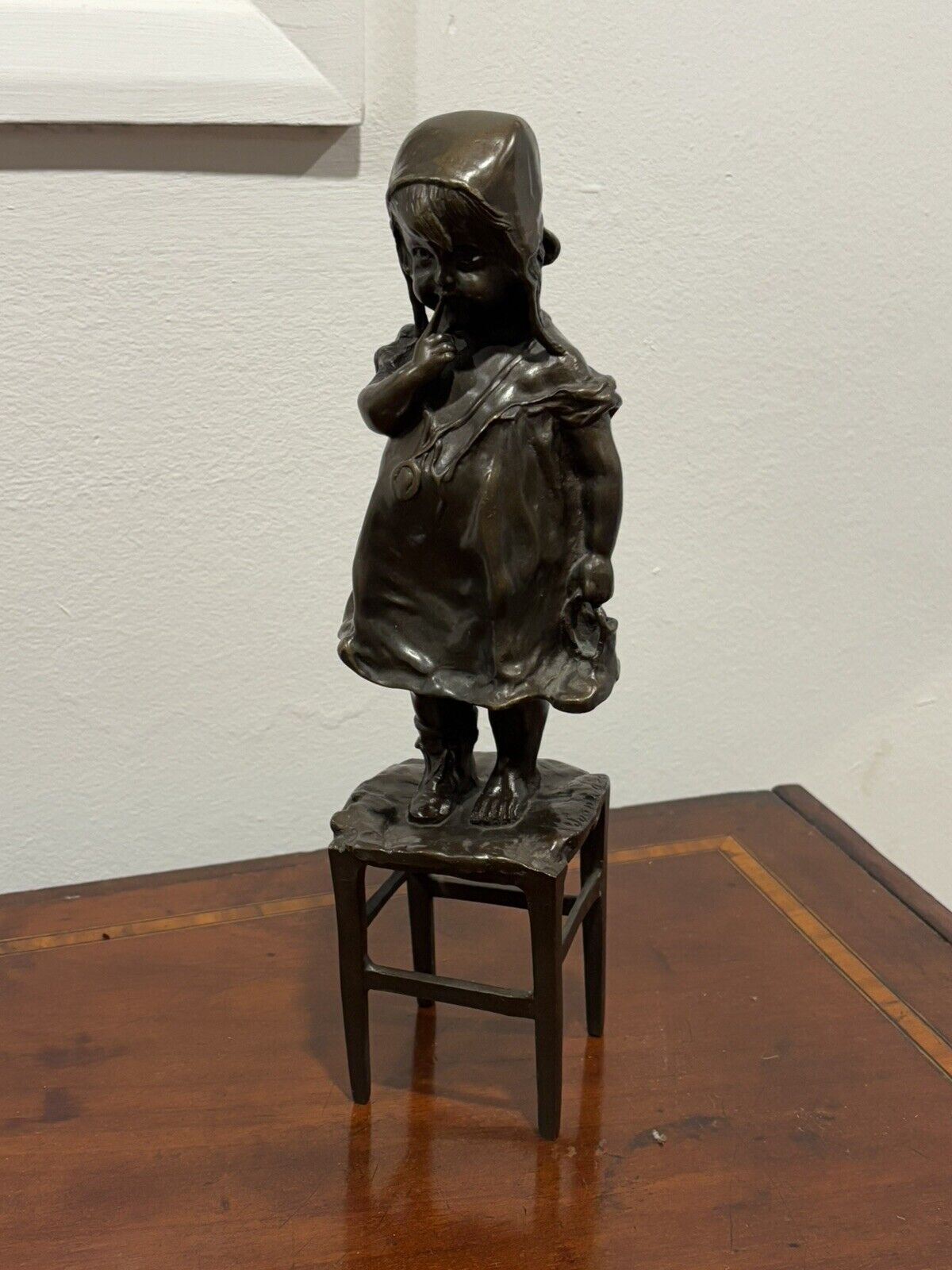 Bronze Girl Standing On A Chair, Signed To Base.