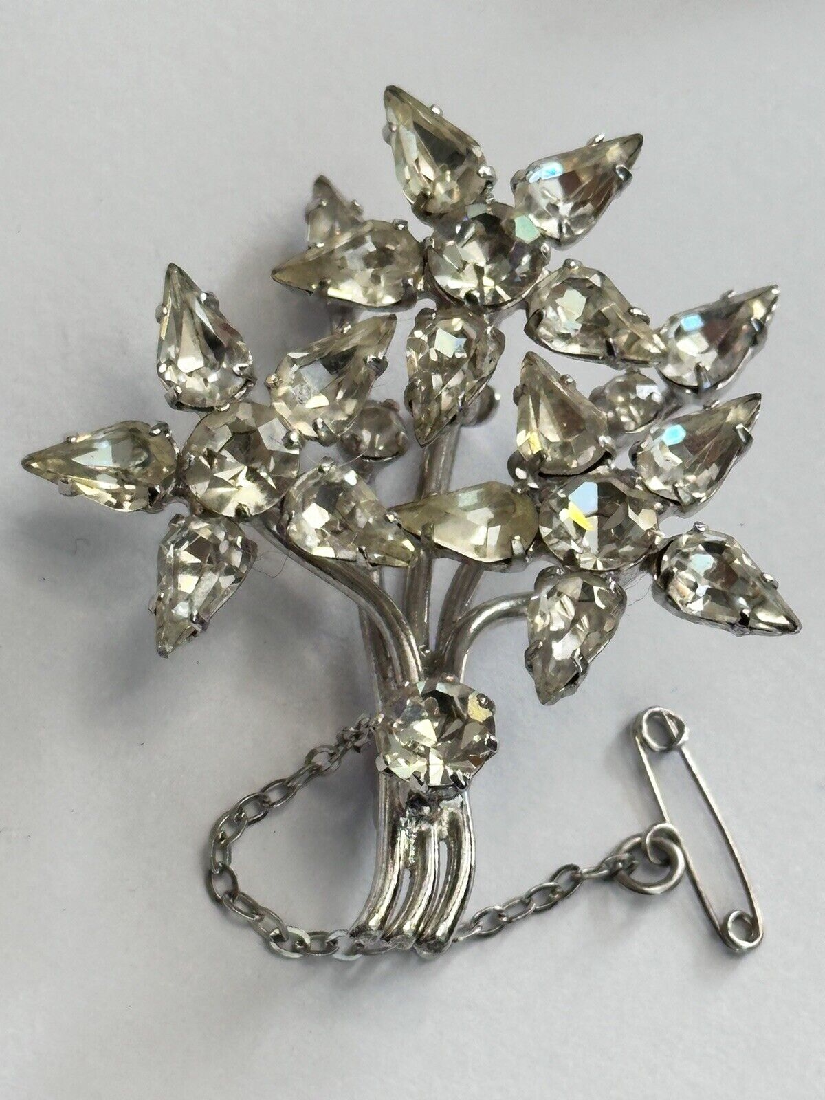 Vintage Silver Tone Paste Flower Spray Brooch Safety Pin