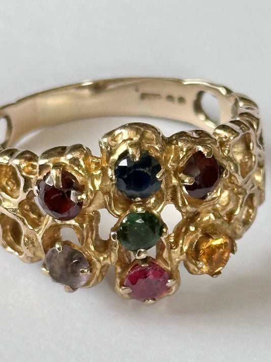 Vintage 1970s 9ct Gold Brutalist Multicoloured Stone Ring