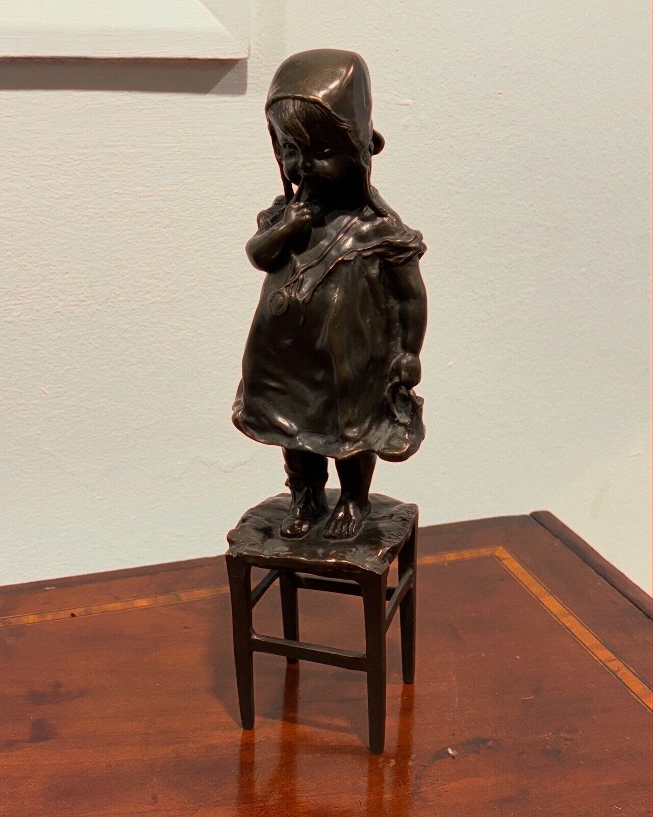 Bronze Girl Standing On A Chair, Signed To Base.