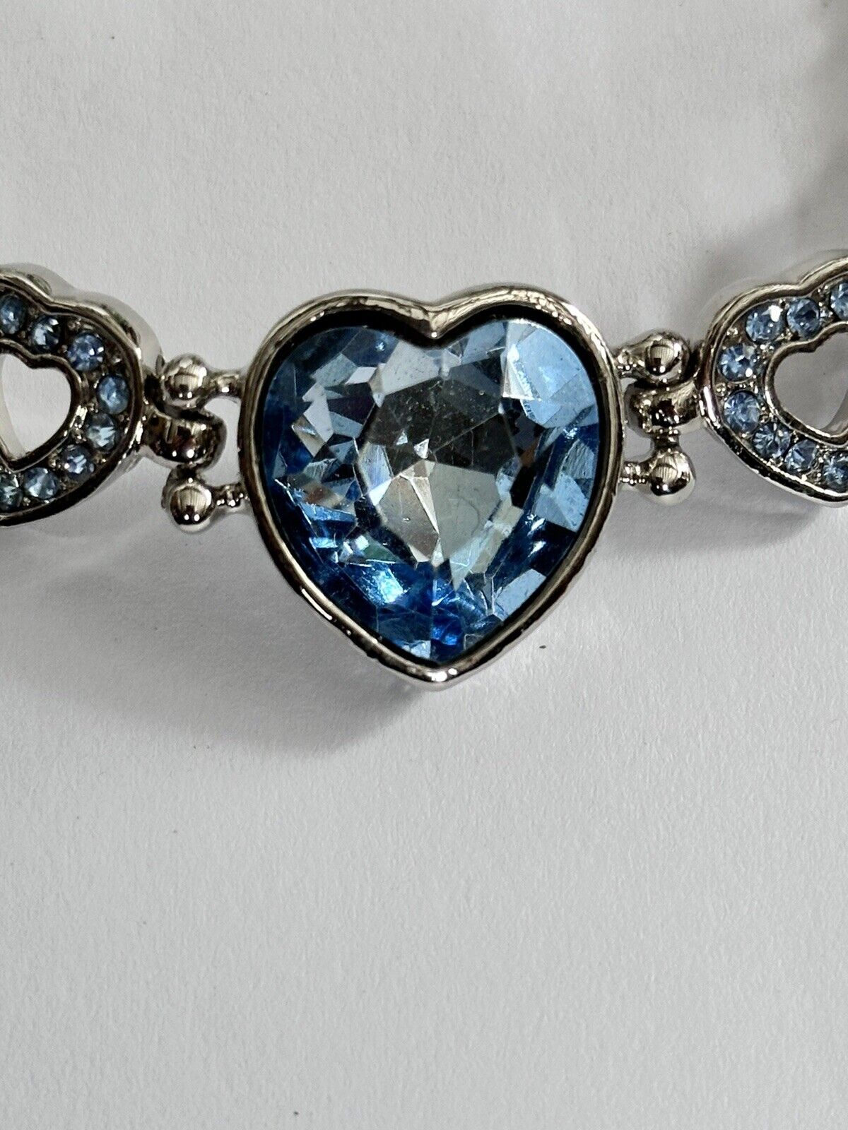 Vintage Silver Tone Blue Diamanté Heart Bracelet