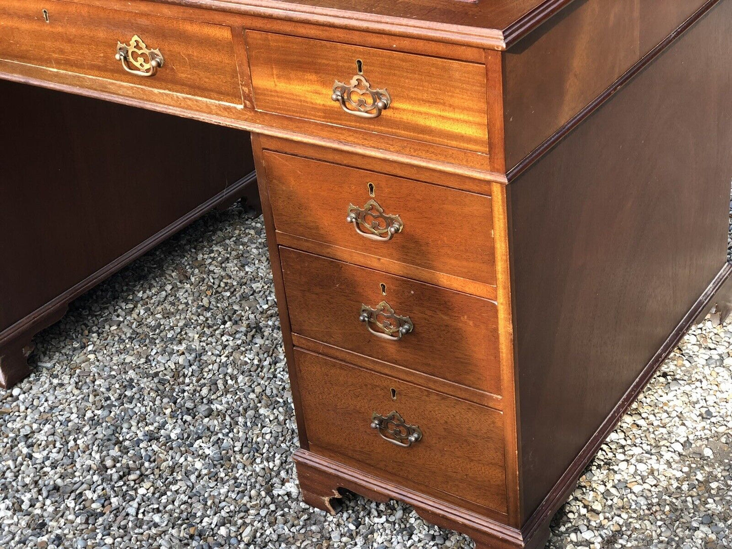 Pedestal Desk With Red Leather Top. Brass Handles.