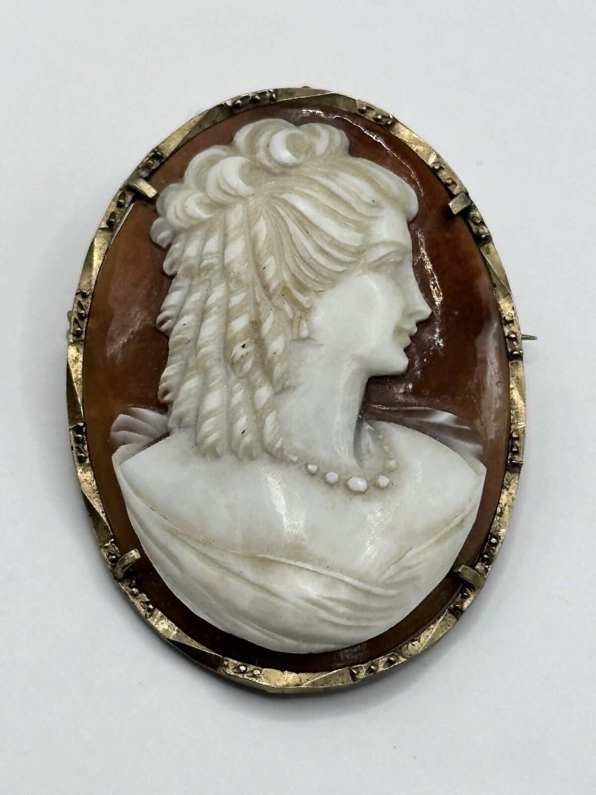 Vintage Silver Gilt Shell Carved Cameo Brooch Pendant Stamped 800