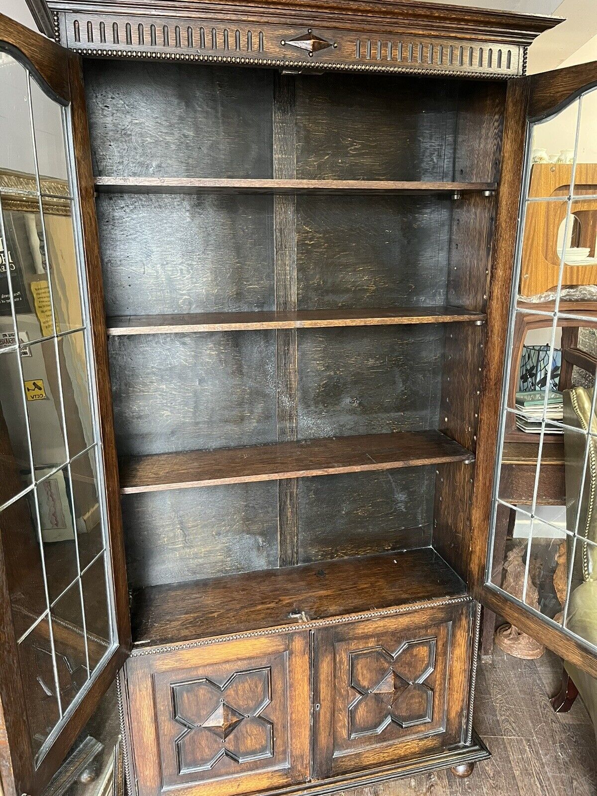 Edwardian Oak Bookcase , Adjustable Shelves, Lead light Glazing. Key & Locking.