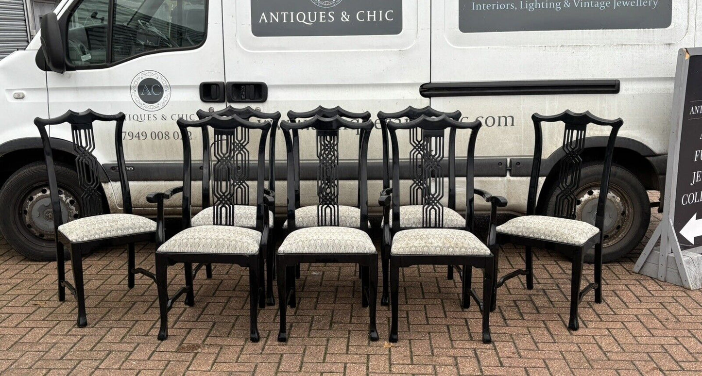 Set Of 8 Black Lacquered Chippendale Style Dining Chairs