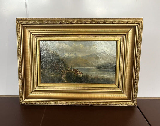 Antique Painting. Coastal Scene,  oil on board in gilt frame.