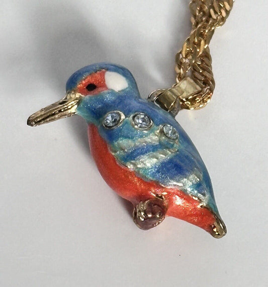 Viintage Gold Plated Enamel Kingfisher Bird Pendant Necklace