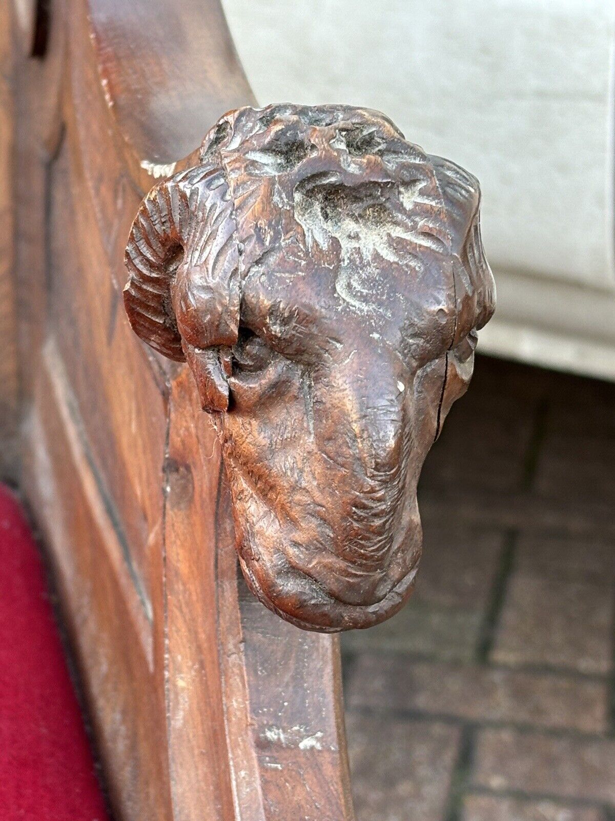 Antique Walnut Country House Library Armchair. Carved Mythical Figures.