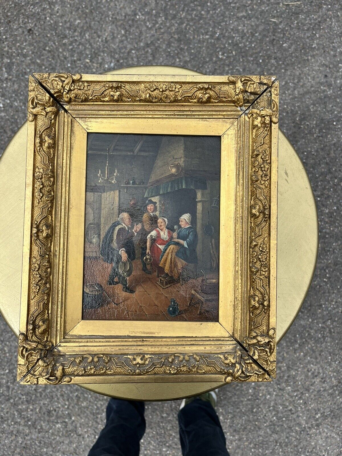 19th Century Tavern Or Inn Scene. Oil On Canvas In Gold Gilt Frame.