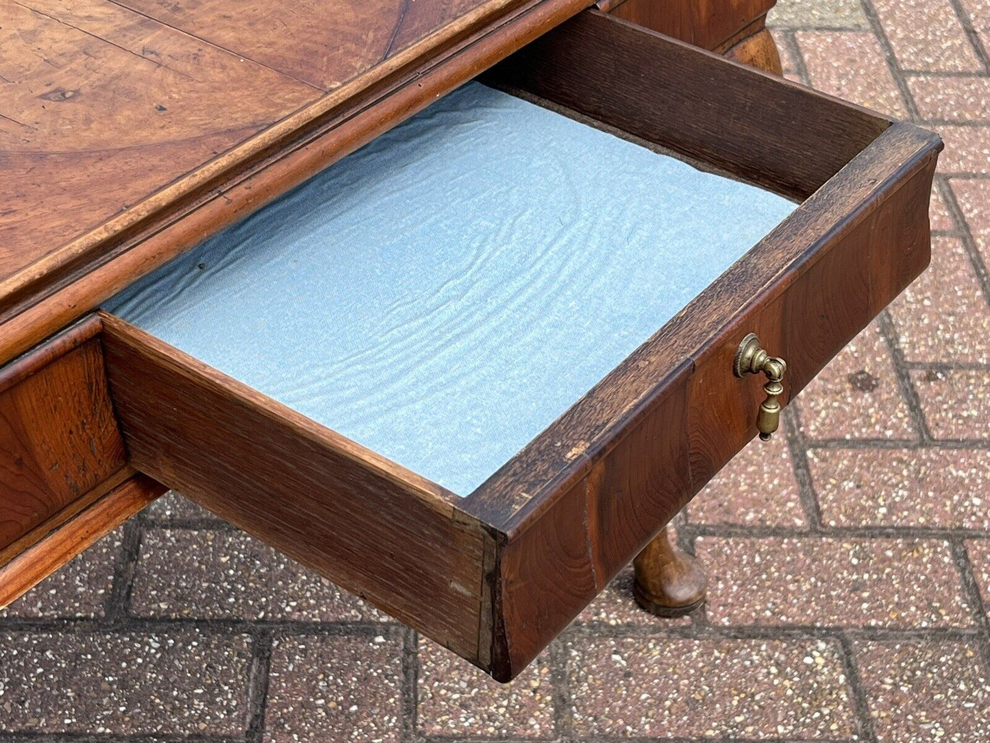 Antique Burr Walnut Tray Top Side Table With Drawer. Pad Feet, Brass Handle.