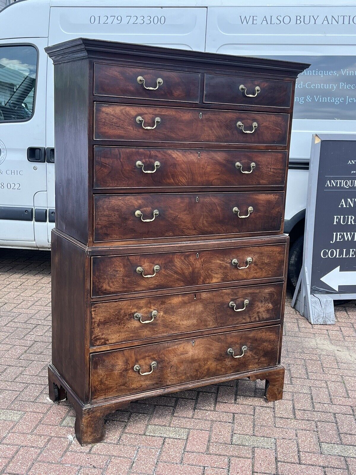 Georgian Mahogany Chest On Chest. Original Brass Handles, Bracket Feet.