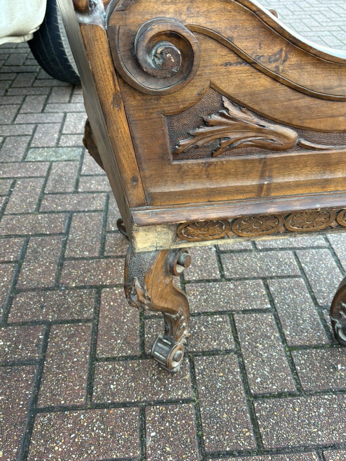 Antique Walnut Country House Library Armchair. Carved Mythical Figures.