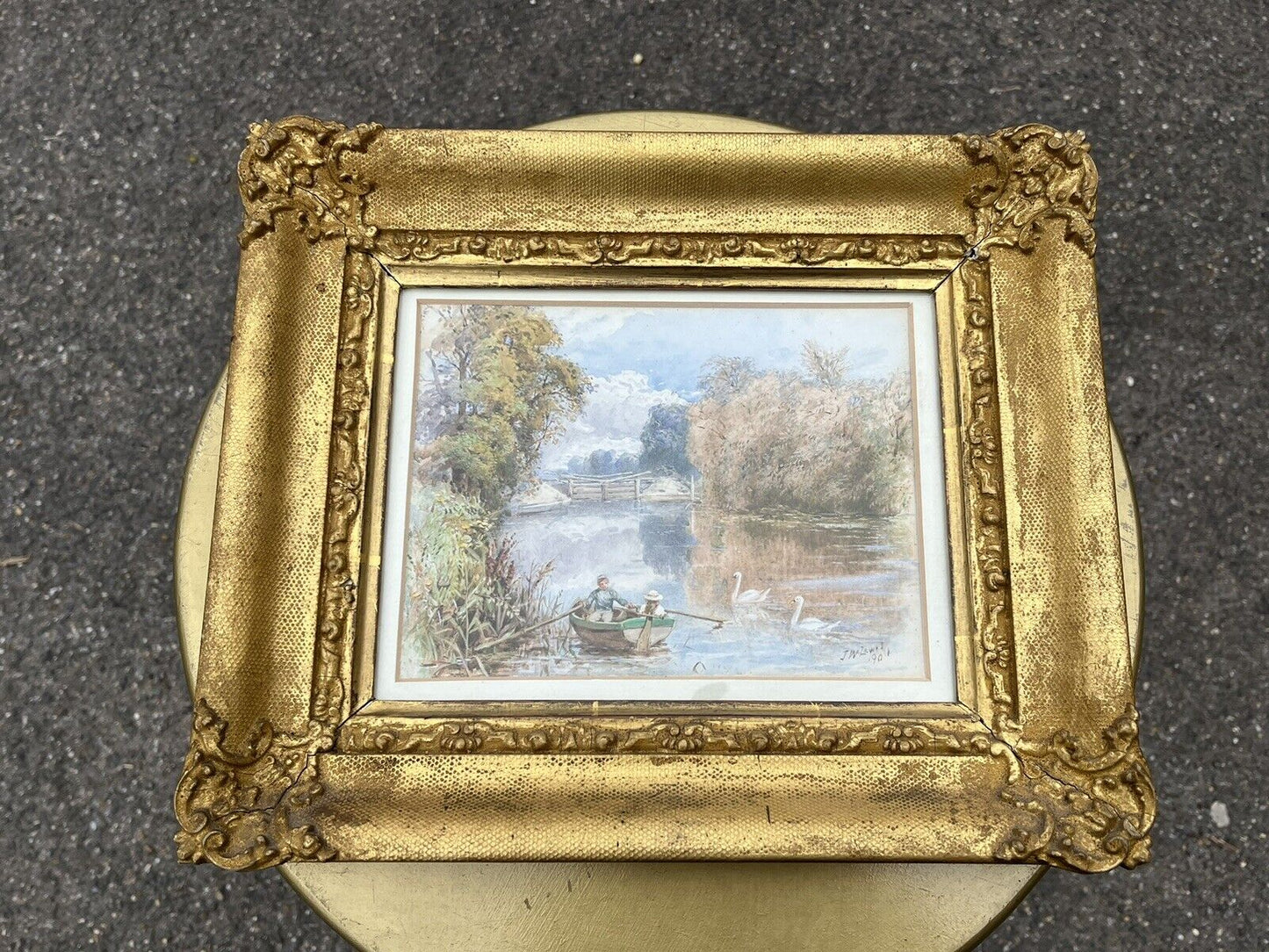 Victorian English School Gilt Framed Watercolour By J W Lewis 1901 “Boating”