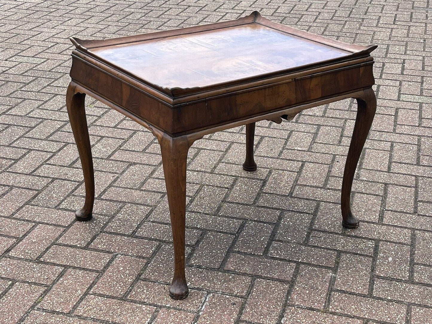 Antique Burr Walnut Tray Top Side Table With Drawer. Pad Feet, Brass Handle.