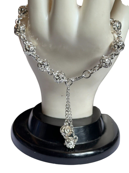 Silver 925 Detailed Balls On Chain With Drop Bracelet 22.70g