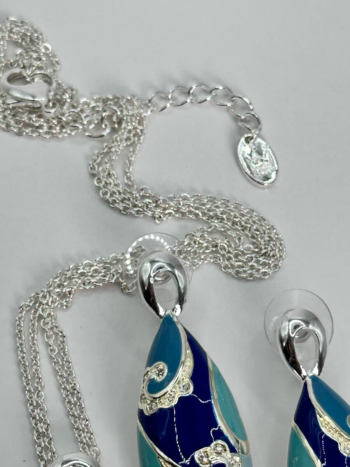 Vintage 1980s Rhodium Plated Turquoise Enamel Diamanté Necklace And Earring Set