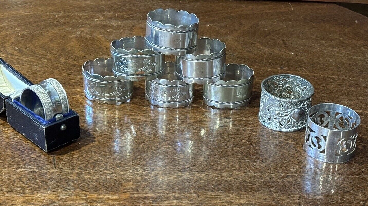 Silver Plate Napkin Rings, Set Of 6 & 3 Individual