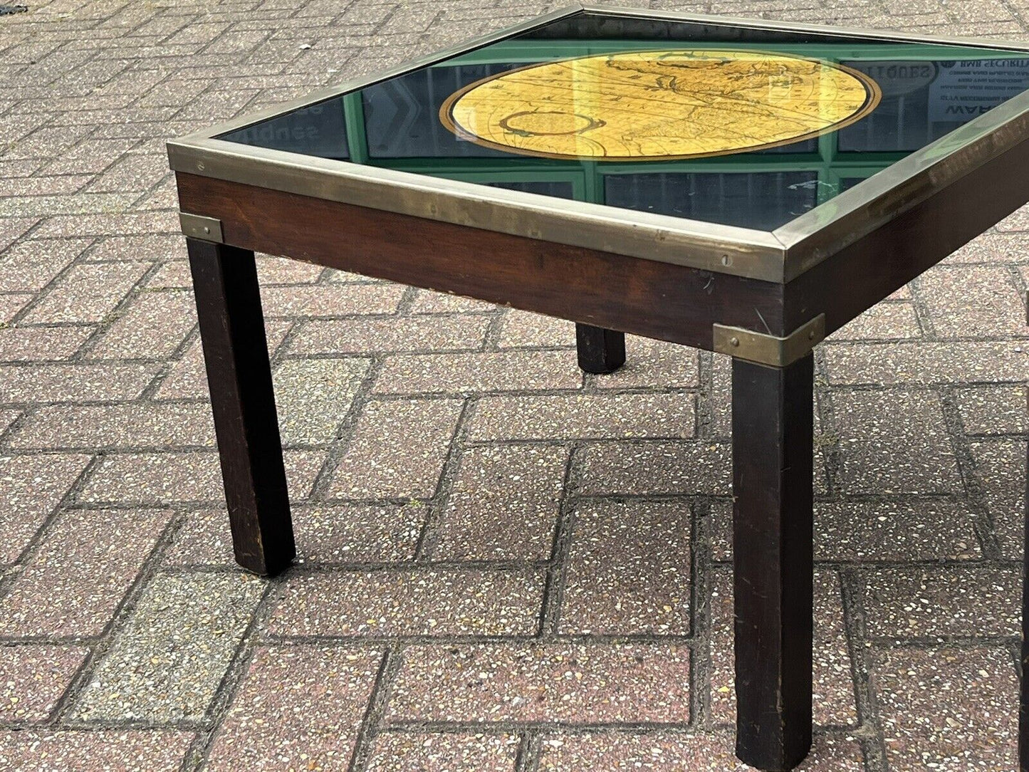 Pair Of Military Style Brass Bound Map Coffee Tables, Lamp Tables, Side Tables