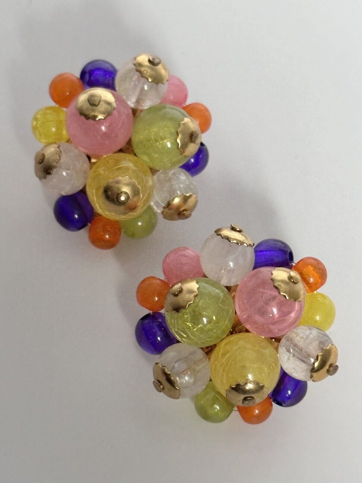 Vintage Gold Tone Multicoloured Acrylic Cluster Clip On Earrings