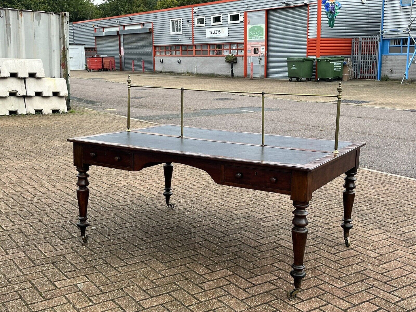 Victorian Mahogany Library Partners Desk. Original Brass Privacy Rail, 4 Drawers