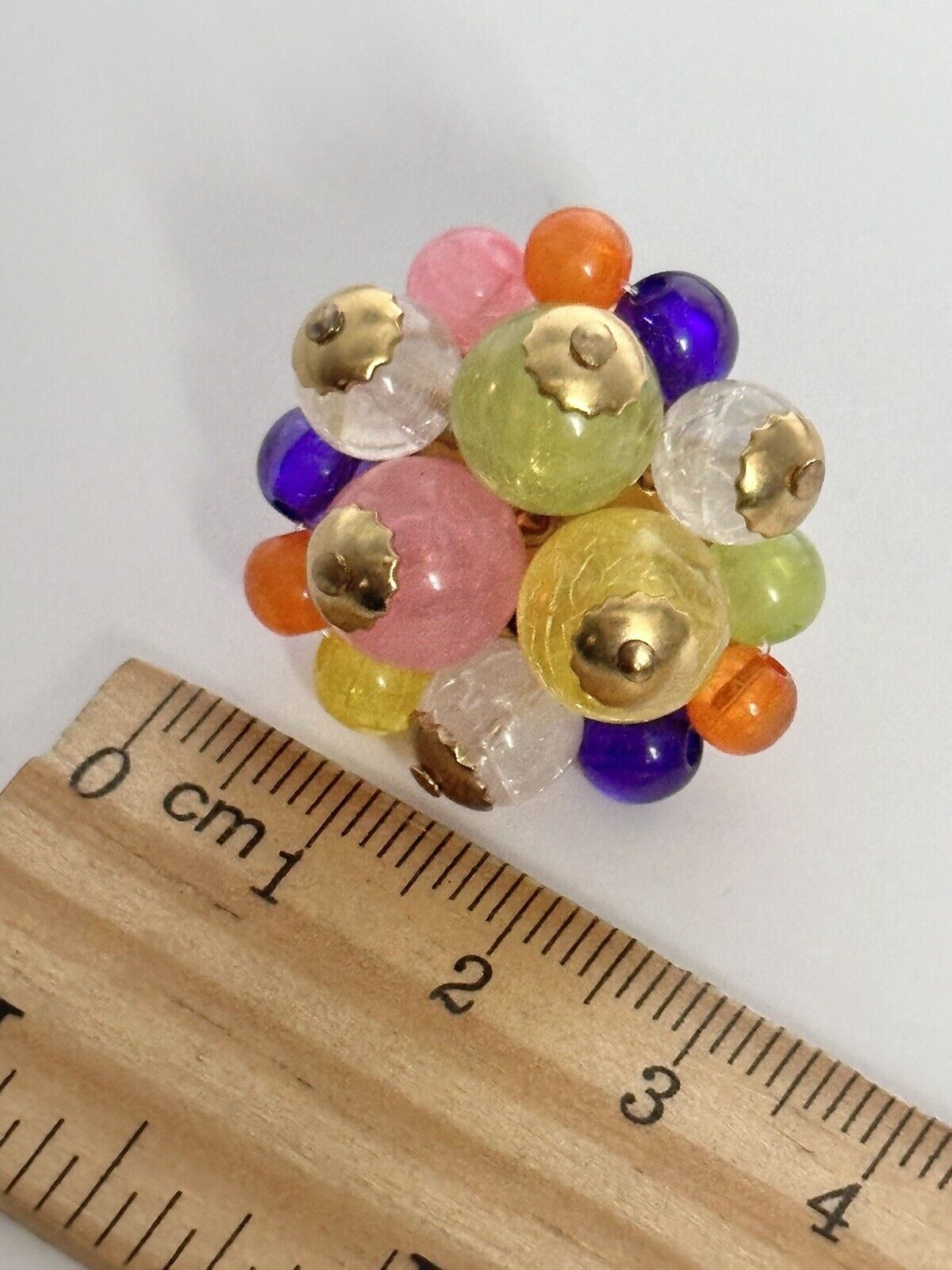 Vintage Gold Tone Multicoloured Acrylic Cluster Clip On Earrings