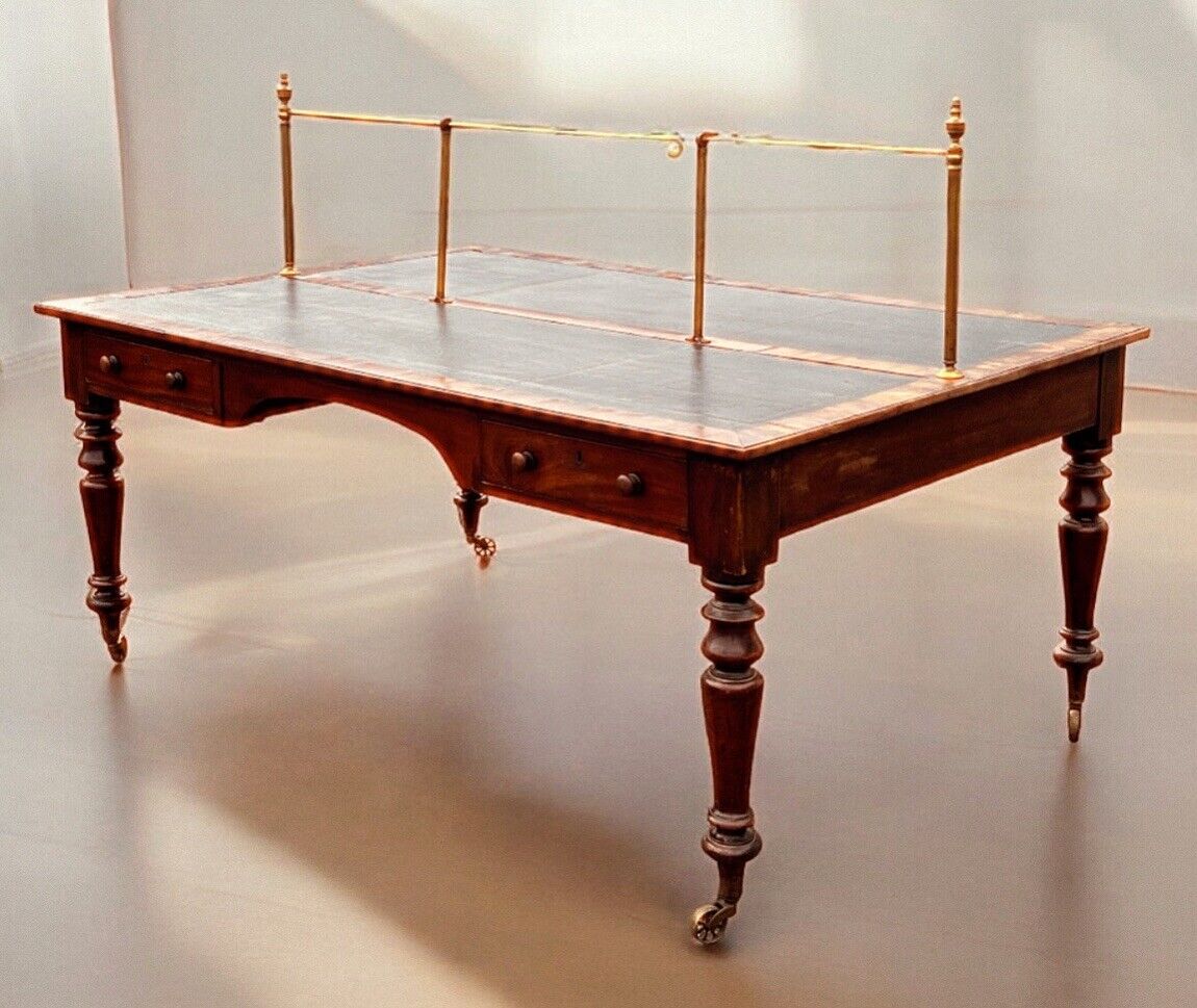 Victorian Mahogany Library Partners Desk. Original Brass Privacy Rail, 4 Drawers