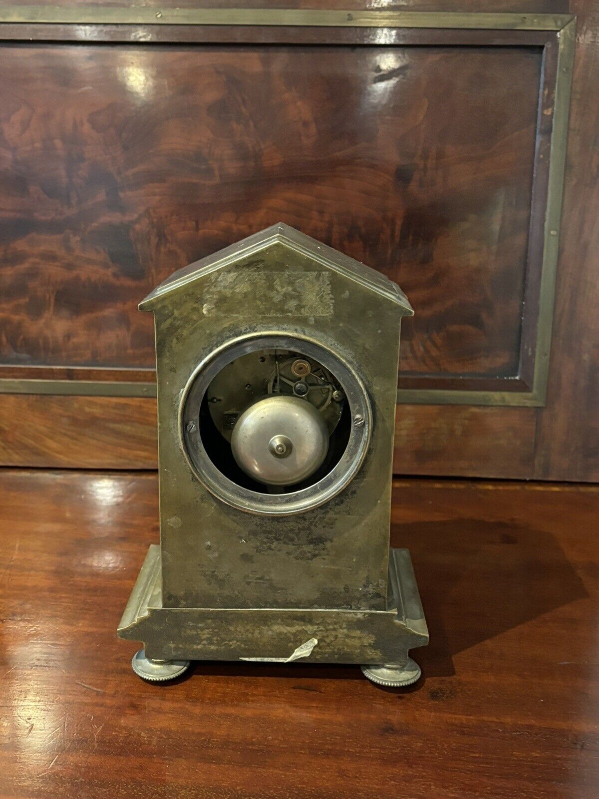 French Architectural Antique Brass Clock With Painted Panels, Chines On A Bell