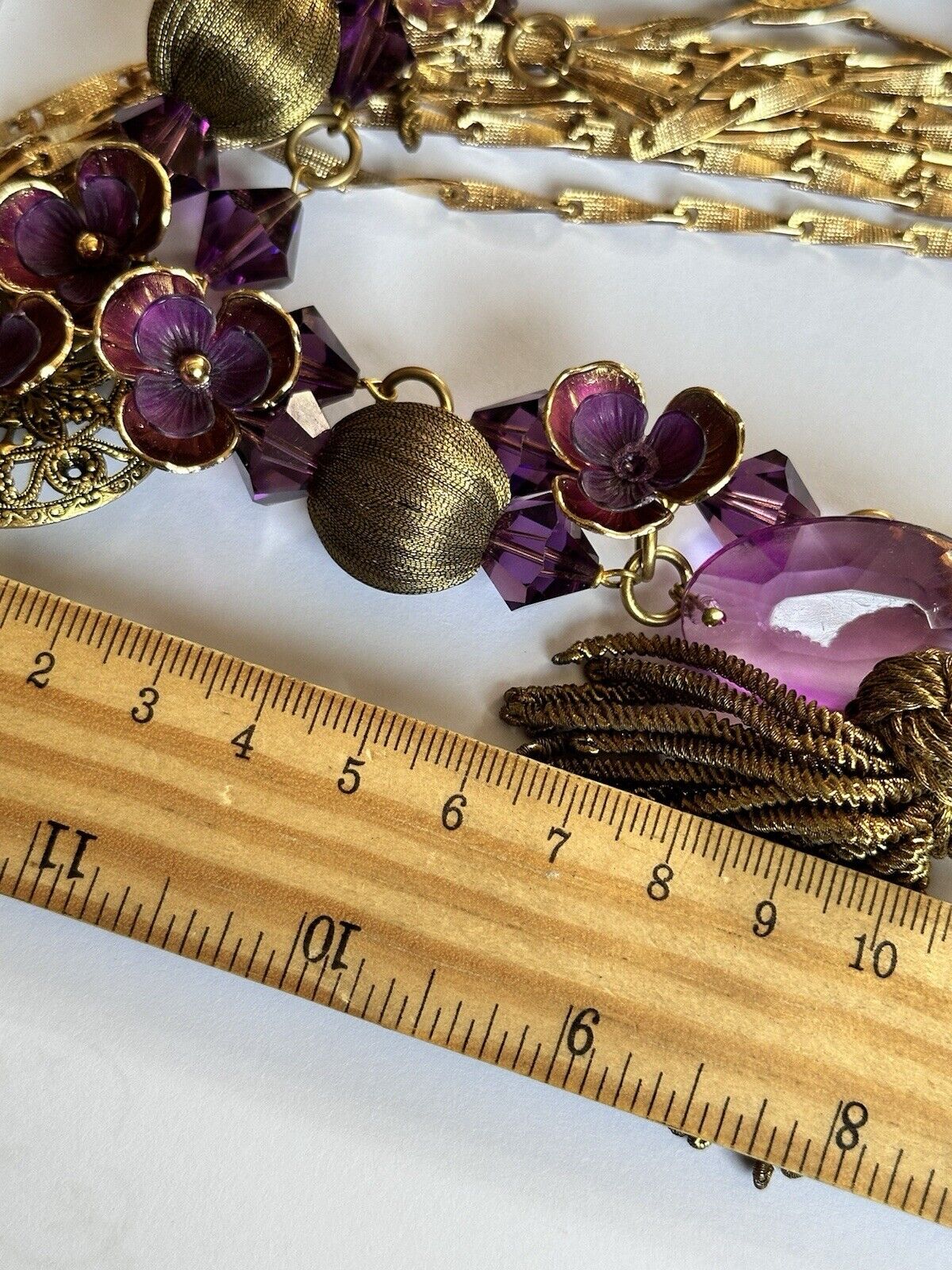 Vintage Runway Statement Acrylic Purple Pink Flowers Beaded Long Length Necklace