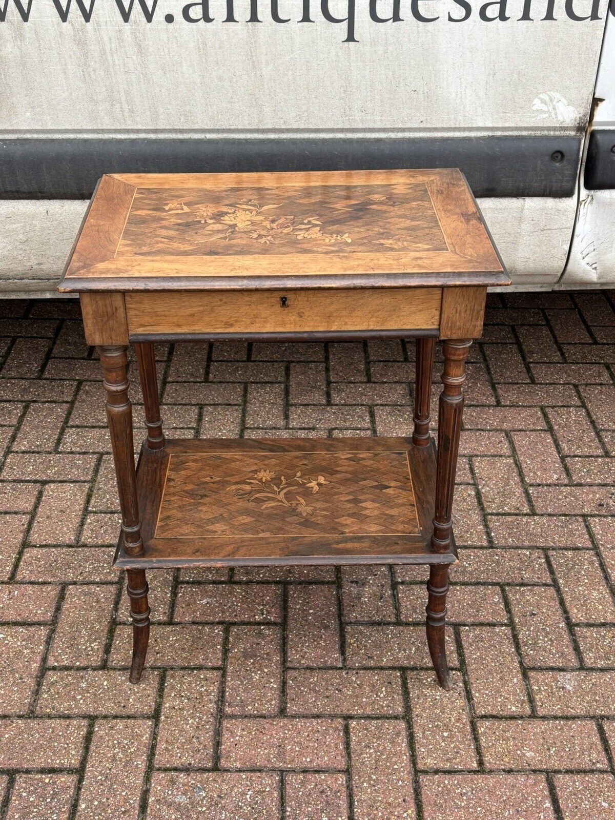 Antique Marquetry Dressing Cabinet With Silver Grooming Set, English Hallmarks