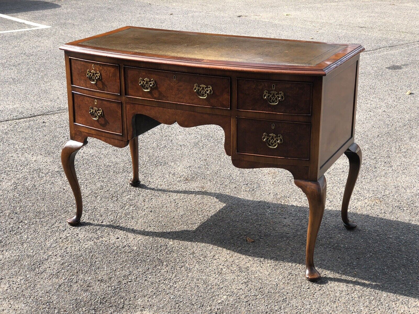 1930’s Walnut Desk, Leather Top, Brass Handles.