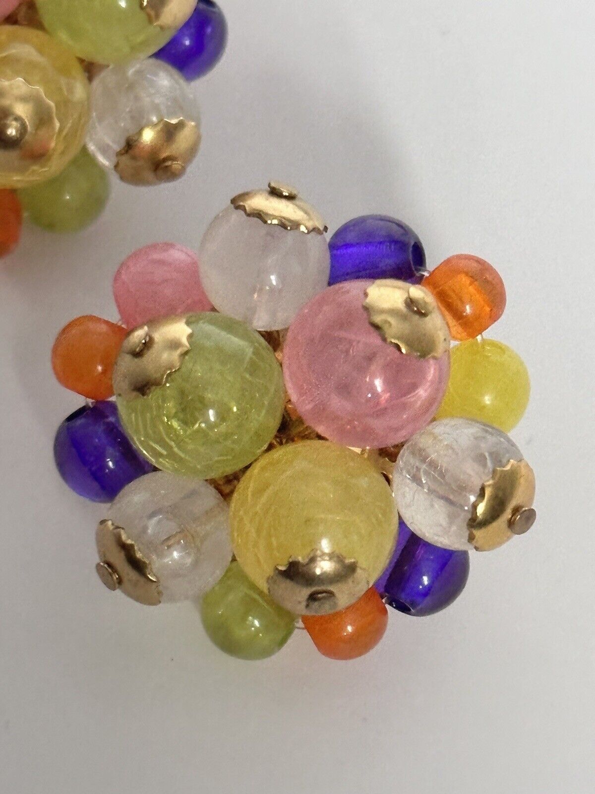 Vintage Gold Tone Multicoloured Acrylic Cluster Clip On Earrings